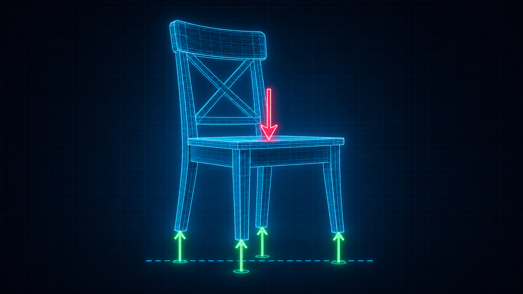 Diagrama de cuerpo libre de una silla mostrando el peso y las cuatro fuerzas normales en equilibrio