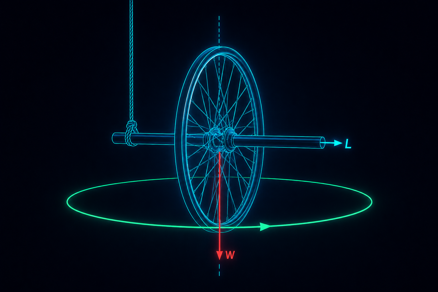 Rueda de bicicleta girando suspendida de una cuerda, con el vector de momento angular sobre el eje